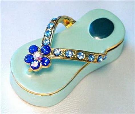 Flip Flop Sandal Blue Enamel Jewelry Ring Box Accented With Crystals