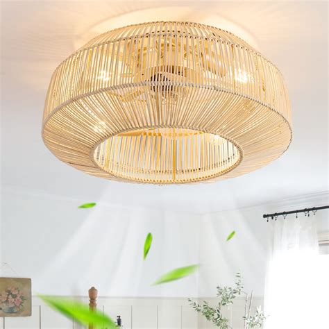 Boho Caged Ceiling Fan With Lights Flush Mount Low Profile Rattan