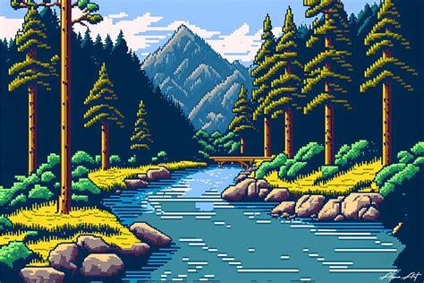 Mountain River Landscape Pixel Art Graphic by Alone Art · Creative Fabrica