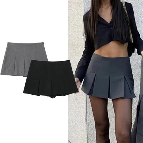 Traf Pleated Mini Skirt Pants High Waist Grey Short Skirts Women Summer