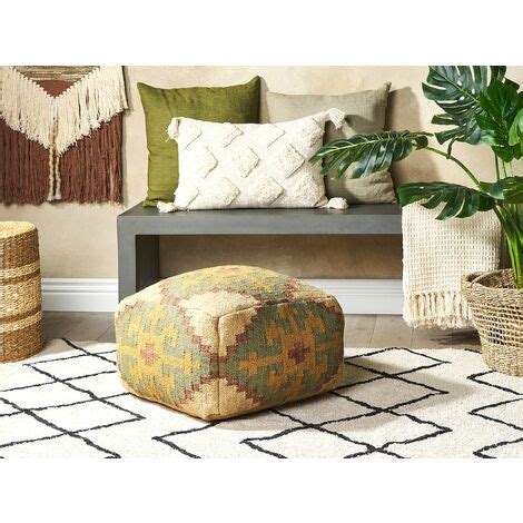 Puf De Yute Verde Claro Beige Marr N Amarillo X Cm Oriental Kilim