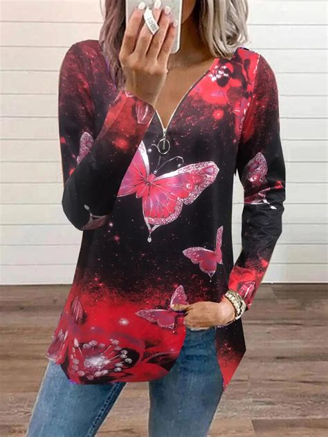 Casual Top Plus Size Women S Plus Butterfly Print Long Temu Australia