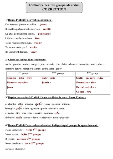 Infinitif Et Les Trois Groupes De Verbes Cm Exercices Corrig S