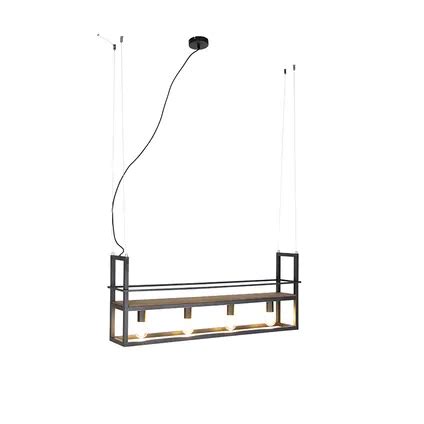 QAZQA Industriële hanglamp zwart met hout en rek 4 lichts Cage Rack