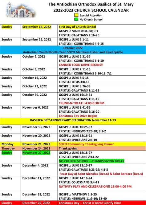 Church School Calendar 2022-2023 - The Basilica of St. Mary