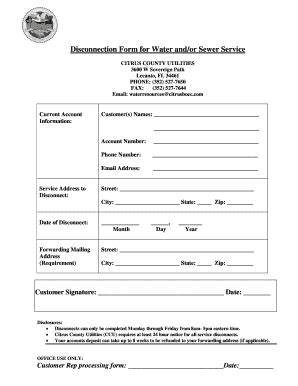 Fillable Online Disconnection Form For Water Andor Sewer Service Fax