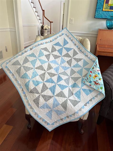 Baby Boy Pinwheel Quilt With Prairie Points And Winnie The Pooh Backing