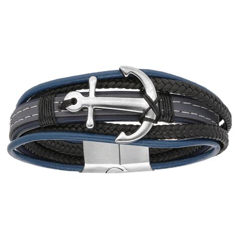 Bracelet En Acier Et Cuir Plusieurs Rangs Bleu Noir Gris Avec Ancre 20 5cm