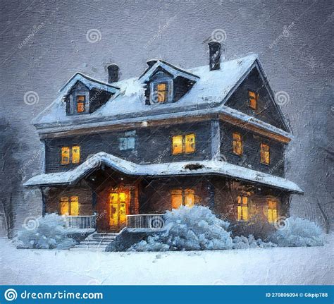 Oil Painting of a House at Night Winter with Lights on and Snow Stock ...