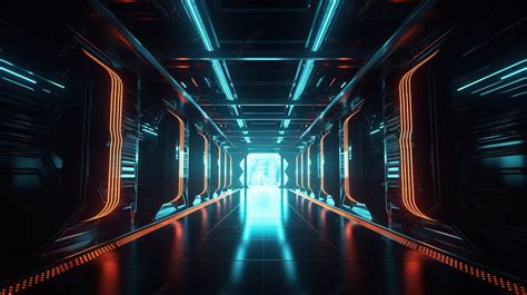 Fondo Corredor Futurista Con Luces Y Luces De Neón Fondo Corredor De Ciencia Ficción Oscuro De