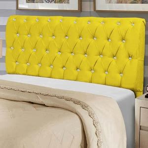 Cabeceira Estofada Paris 100cm Solteiro Strass Suede Amarelo D A