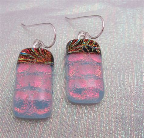 Red Dichroic Over Pale Blue Dangle Dichroic Glass Earrings