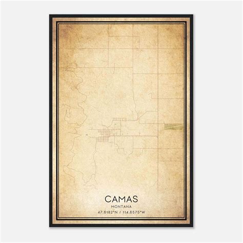 Vintage Camas Montana Map Poster, Camas MT City Road Wall Art Print