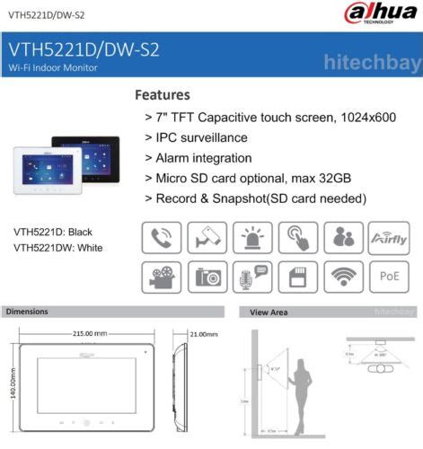 Dahua VTH5221D S2 Indoor Monitor 7 TFT Touch Screen IP Video Intercom