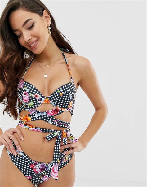 Asos Design Wrap Plunge Bikini Top In Textured Floral Gingham Print