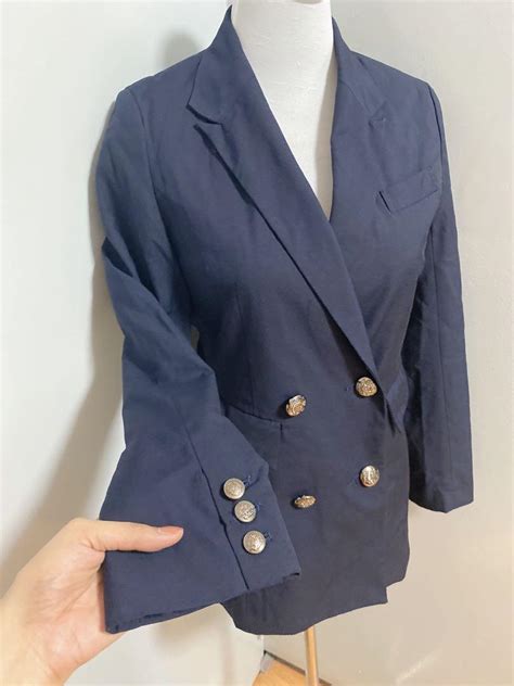 Navy Blue Double Breasted Long Blazer Women S Fashion Coats Jackets