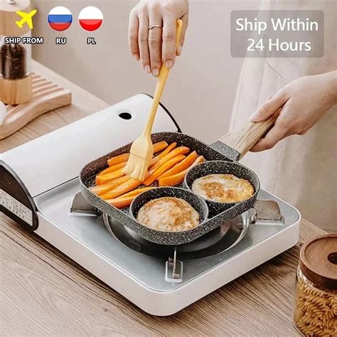 2 4 Hole Frying Pot Thickened Omelet Pan Black Non Stick Egg Steak Ham Pancake Wooden