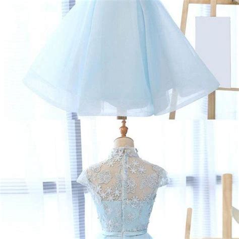 A Line High Neck Blue Tulle Homecoming Dress With Sash Appliques M3475