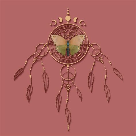 Butterfly On Dreamcatcher With Mandala Ornament And Moon Phases Gold