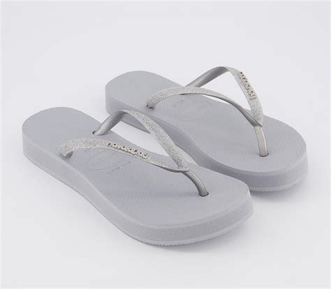 Havaianas Slim Platform Glitter Flip Flops Steel Grey Womens Sandals