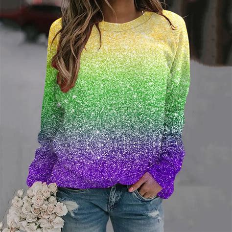 Trendvibe365 Mardi Gras Womens Sweatshirts Lightweight Long Sequin Glitter Print Yellow Green