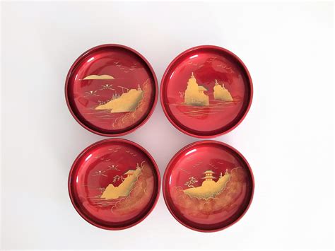 4 Vintage Japanese Wood Lacquer Bowls Set Of 4 Japan Lacquer Etsy