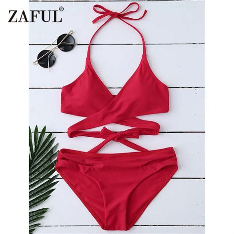 Zaful 2019 Women New Halter Wrap Bikini Mid Waisted Solid Color