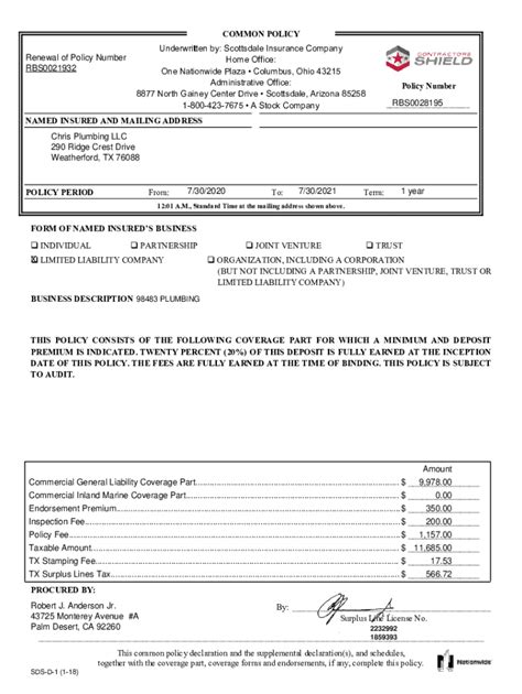 Fillable Online Underwritten By Scottsdale Insurance Company Home