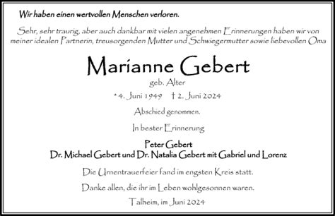 Traueranzeigen Von Marianne Gebert Trauerundgedenkende