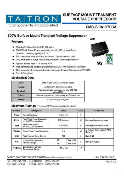 Smbj Ca Data Sheet Taitron