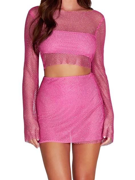 Women Sexy Glitter Sequin Mesh 2 Piece Skirt Outfit Sheer Mesh Long