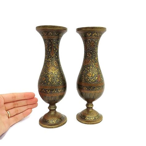 Vintage Indian Pair Of Enamel Brass Vases Indian Brass Vases Bohemian Decor Indian Decoration