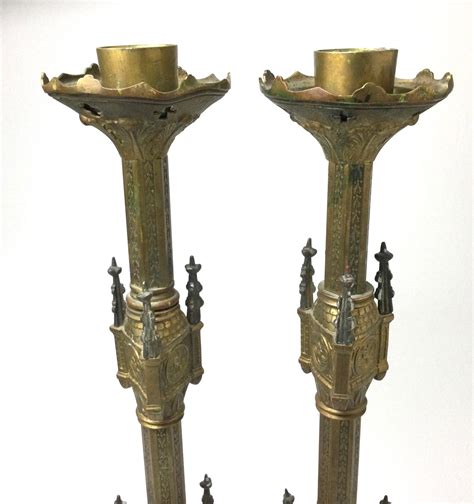 Antique Pair Of Brass Gothic Church Altar Candlesticks For Sale At