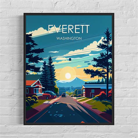 Everett Washington Retro Art Print, Everett Wall Art Illustration ...