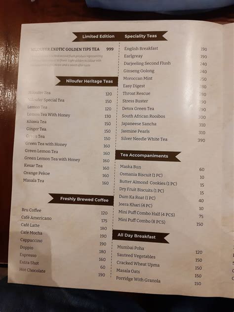 Menu At Cafe Niloufer Premium Lounge Banjara Hills Hyderabad Divine