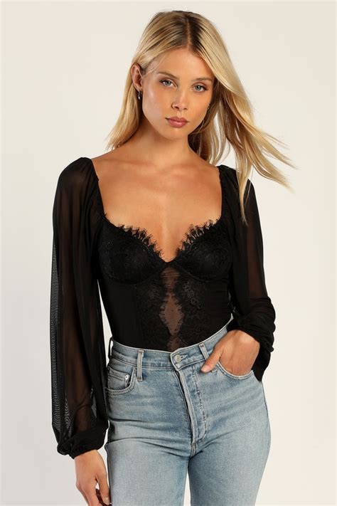 Black Mesh Bodysuit Bustier Bodysuit Long Sleeve Bodysuit Lulus