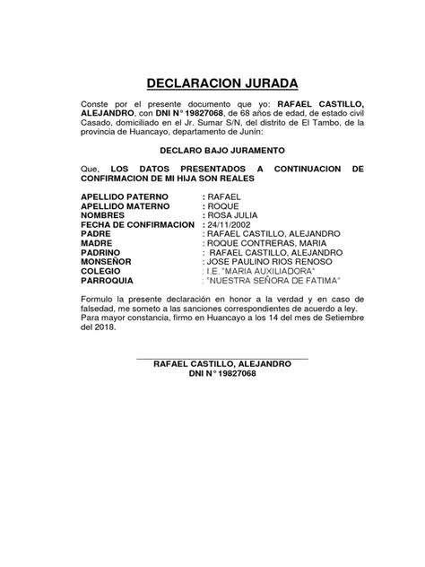 Declaracion Jurada Confirmacion Pdf Gobierno