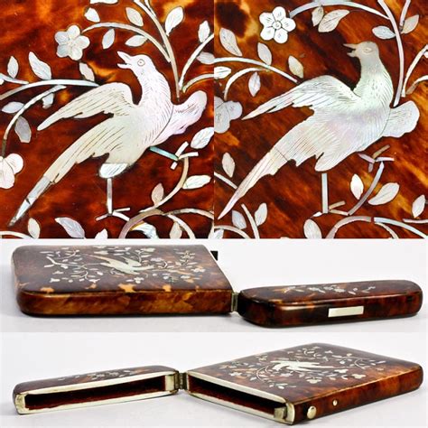 Antique Calling Card Case Etui Tortoise Shell Mother Of Pearl For Sale