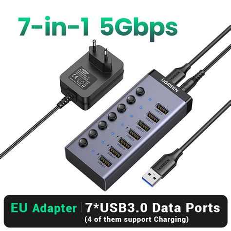 Bộ HUB chia 7 cổng USB 3 0 5Gbps vỏ nhôm công tắc Ugreen 90305 kèm