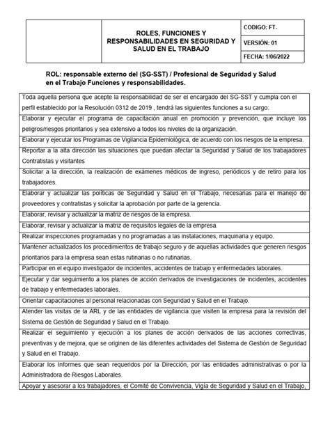 Roles Y Responsabilidades Del Responsable Externo Sg Sst Pdf Pdf La