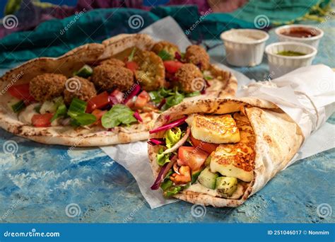 Traditional Mediterranean Arabic Grilled Halloumi And Falafel Hummus