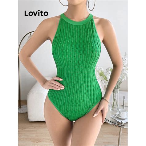 Lovito Women Casual Plain Basic Bodysuit Lbl06061 Green Shopee