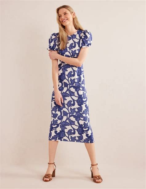 Puff Sleeve Jersey Midi Dress Blue Ribbon Paisley Whirl Boden EU