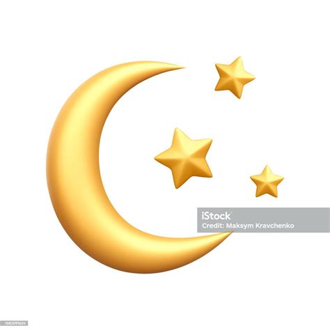 3d Realistic Crescent And Gold Stars Isolated On White Background