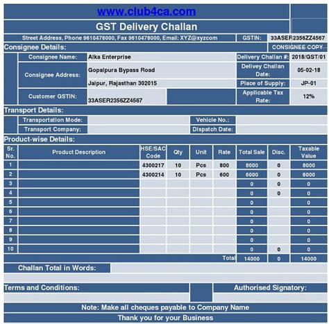 Delivery Challan Format In Excel