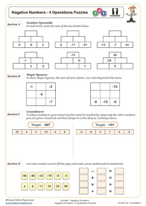 Negative Numbers 4 Operations Puzzles Worksheet Cazoom Maths Worksheets