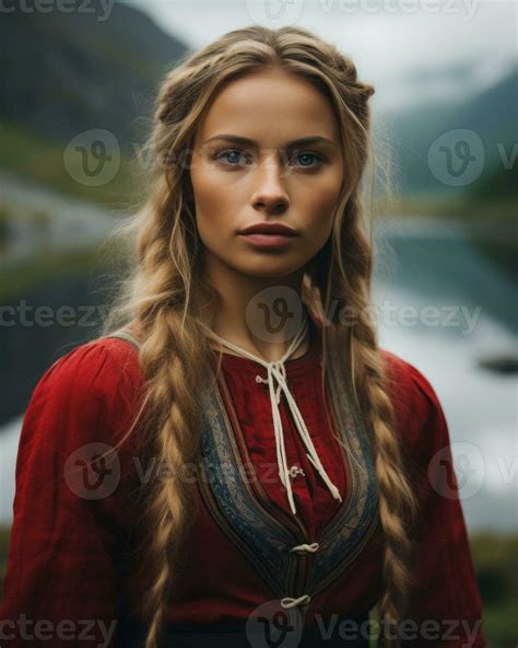 A Beautiful Young Woman In A Traditional Norwegian Dress Generative Ai