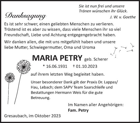 Traueranzeigen Von Maria Petry Saarbruecker Zeitung Trauer De