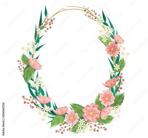 Oval Frame With Flower Leaf Berry And Plant Vector Illustration For