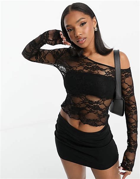 Asos Design Sheer Lace Asymmetric Top In Black Asos